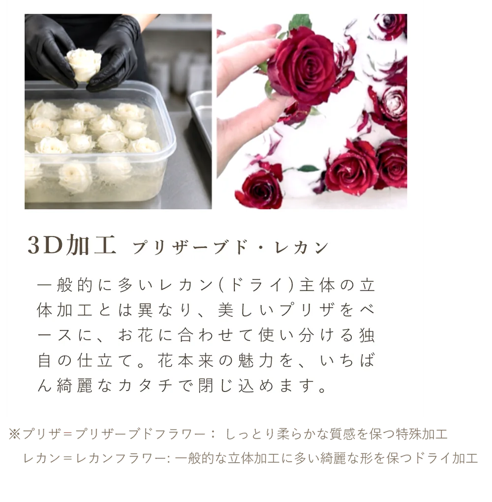花を一輪ずつ丁寧に扱う立体保存加工の工程